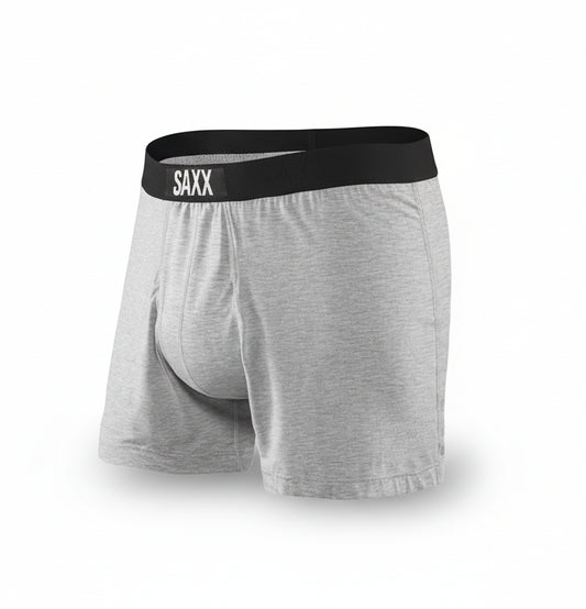 Gray boxer briefs with a black waistband featuring 'SAXX' branding on a white background.