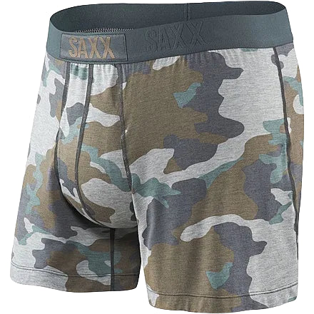 Camouflage boxer briefs with 'SAXX' branding on a white background