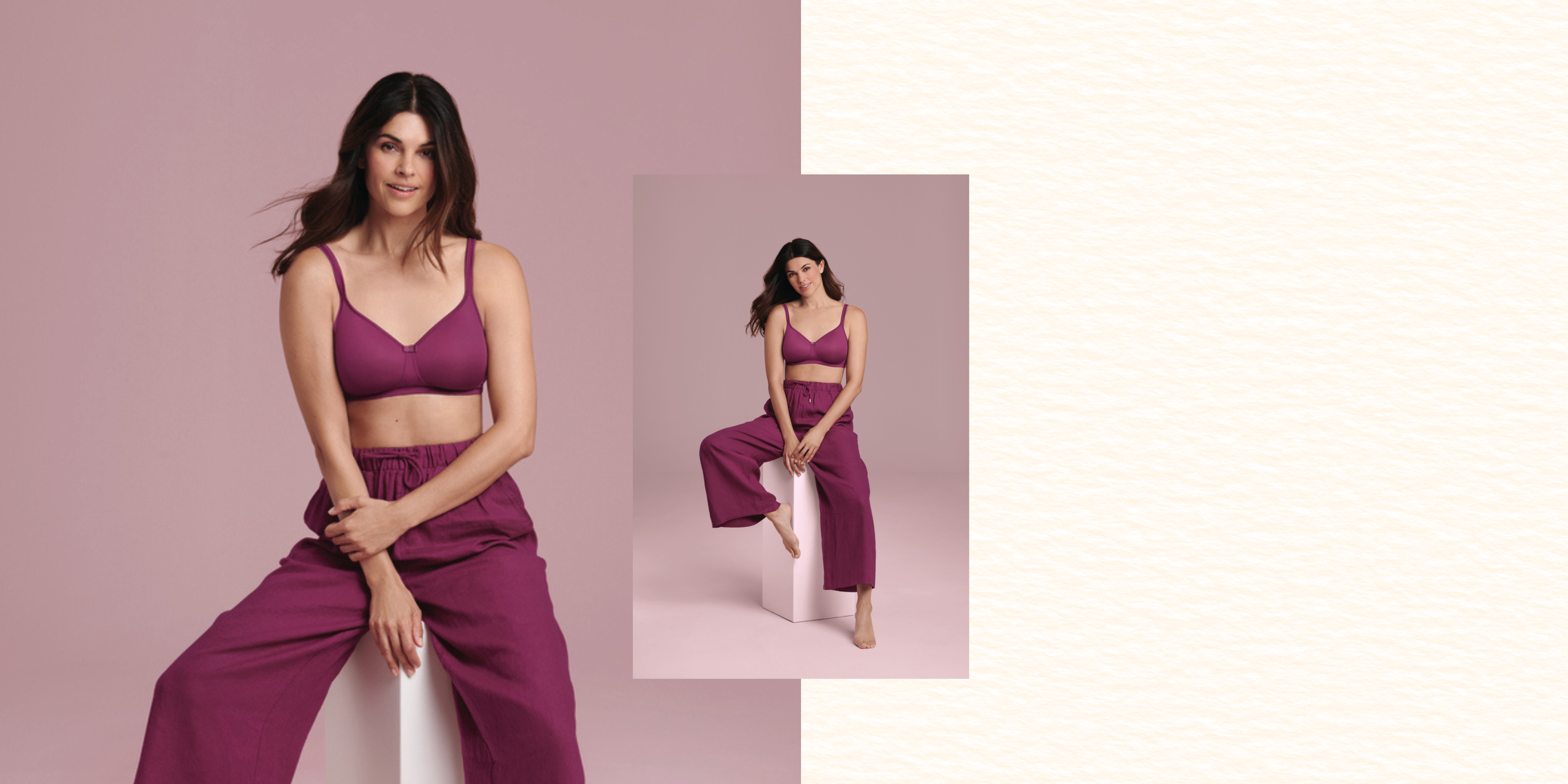 Woman in a purple outfit posing against a pink background