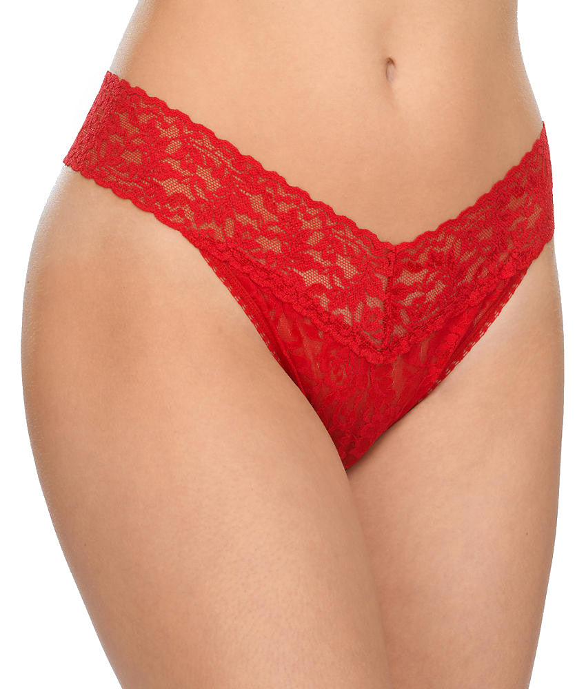 Low Rise All-Over Red Floral Lace With Bow & Black Trim Thong - Knickers
