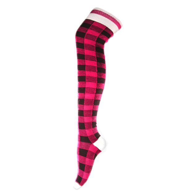 Pink Plaid Pook Thigh-High Sky-High Knee Socks